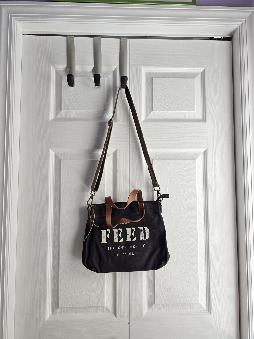 FEED Black Canvas Crossbody Bag with Brown Leather Trim